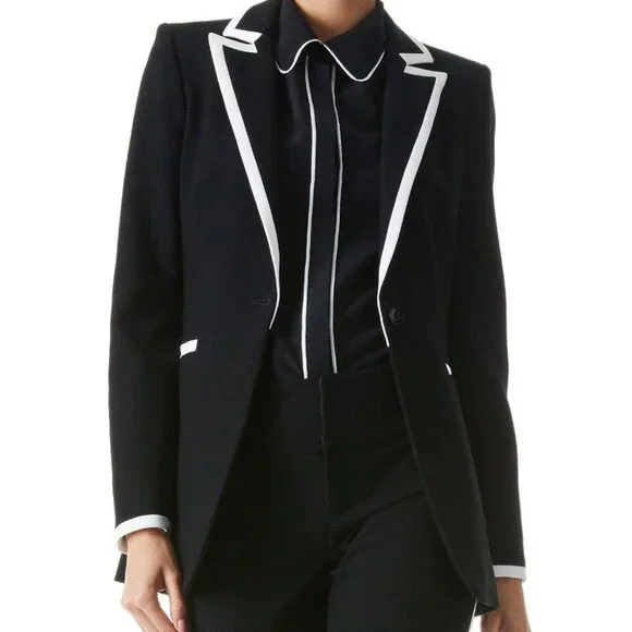 Alice + Olivia Breann Black Off White Piped Long Blazer Jacket Women's Size 2 - Picture 1 of 5